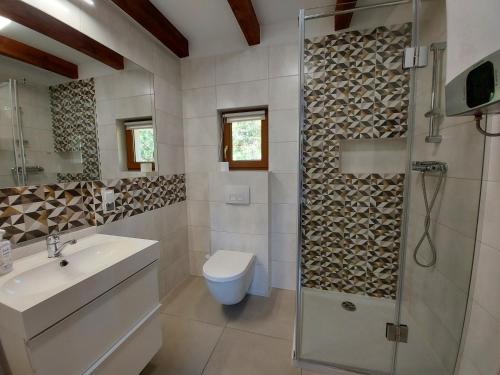 a bathroom with a toilet and a sink and a shower at Domek u Kasi in Wąglikowice