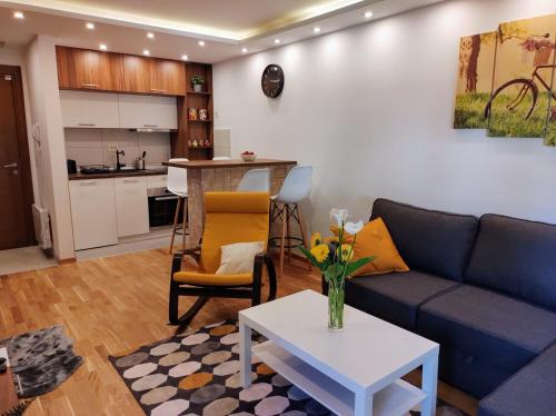 Una sala de estar con un sofá azul y una mesa. en Casa di Stefano apartment & SPA, en Zlatibor