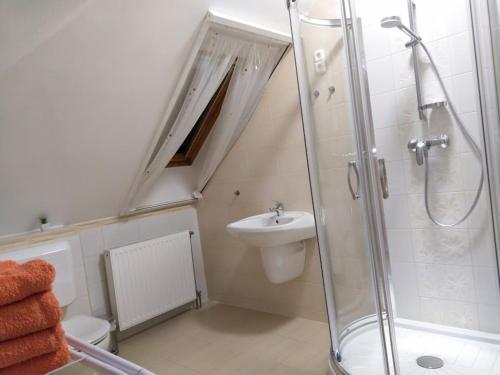 y baño con ducha y lavamanos. en Föveny Apartman, en Balatonudvari