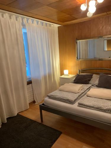 - une chambre avec 2 lits jumeaux et une fenêtre dans l'établissement Flat Speicher St. Gallen, à Saint-Gall