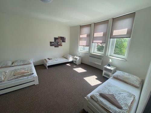 una camera con due letti e due finestre di Apartmány U Muzea a Děčín