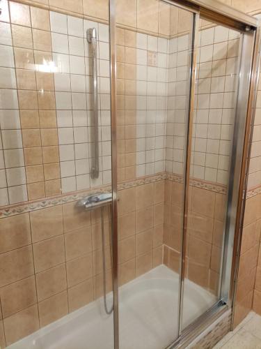 um chuveiro com uma porta de vidro na casa de banho em Apartamento Bolnuevo (Mazarrón) em Bolnuevo