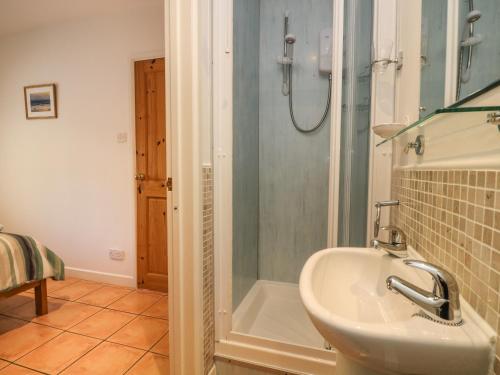 a bathroom with a sink and a shower at Tater-du in Porthcurno