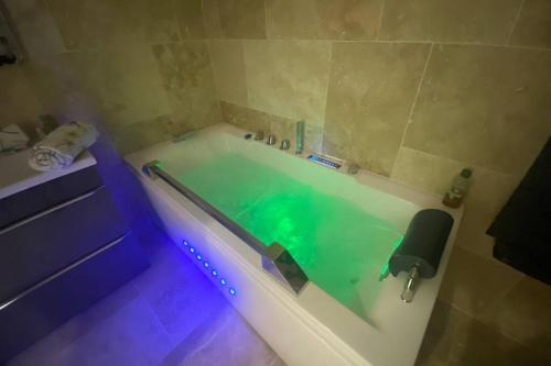 uma casa de banho com uma banheira com água verde em Chez Bascans Corps de ferme rénové avec jacuzzi et piscines 2 bassins em Villeneuve-Lécussan