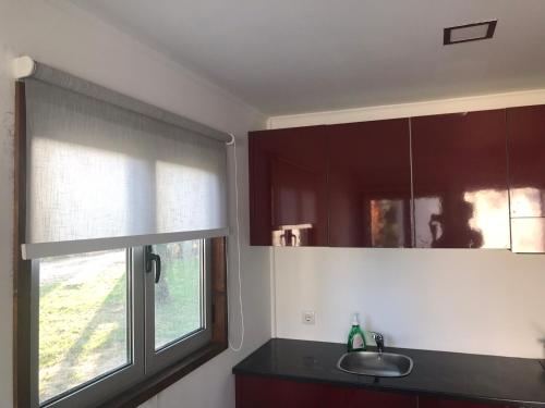 ヴァゴスにあるPousio- Rural Appartmentsの窓とシンク付きのキッチンが備わります。