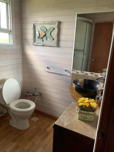 a bathroom with a toilet and a sink at Cabaña Punta Negra in Punta Colorada