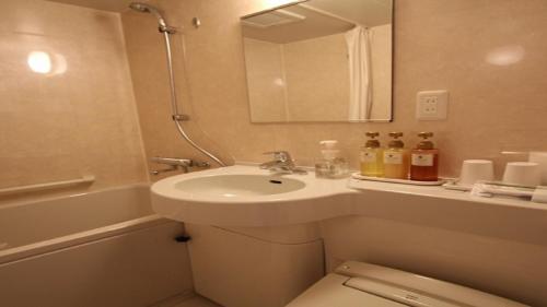 ein Badezimmer mit einem Waschbecken, einem WC und einem Spiegel in der Unterkunft Hotel New Gaea Yanagawa in Yanagawa