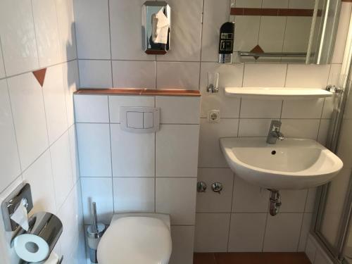 a small bathroom with a toilet and a sink at Hotel Hennies Hannover Sehnde in Hannover