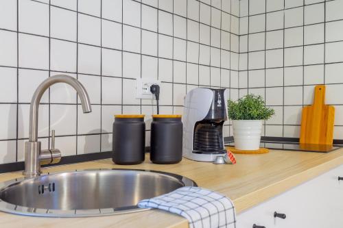 a kitchen counter with a sink and a mixer at Stylish loft in the city center in Trieste