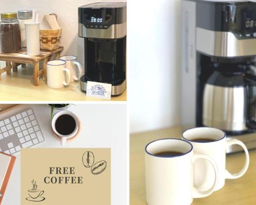 a coffee maker and two cups of coffee at Guesthouse All you need - All rooms have an ocean view! in Shimoda