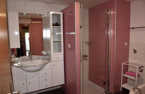 a bathroom with a sink and a shower at Ferienwohnung Felix und Berta Pfeiffer-Vogl in Arbesbach