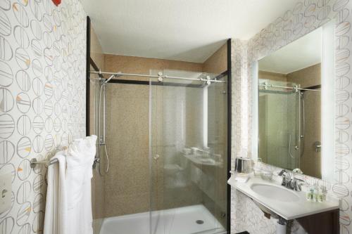 a bathroom with a shower and a sink and a shower at Holiday Inn Asheville East-Blue Ridge Pkwy by IHG in Asheville