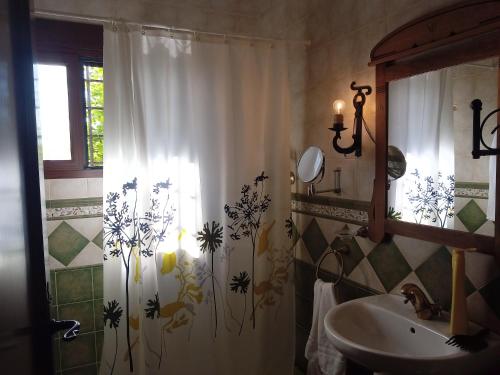 baño con lavabo y cortina de ducha en sol de membrillo, en Santo Tomé