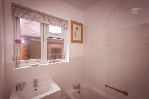 a bathroom with a sink and a toilet and a window at Green Pastures cottage in South Downs in Eastdean