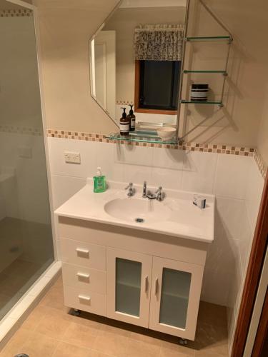 een badkamer met een wastafel en een spiegel bij Horsley Retreat in Dapto