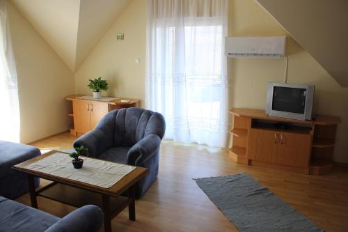 a living room with a couch and a tv at Villa Prémecz in Zalakaros