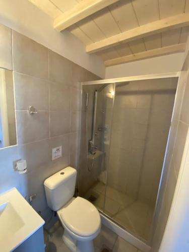 a bathroom with a shower and a toilet and a sink at Chill Out Studio in Mýkonos City
