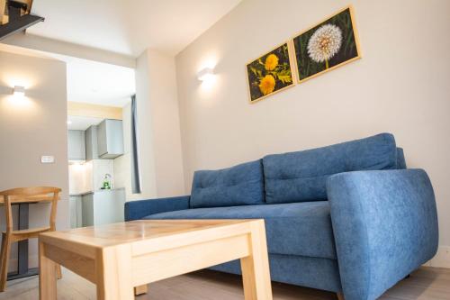 a living room with a blue couch and a table at Casa di Pino EcoLodge Hotel in Žabljak