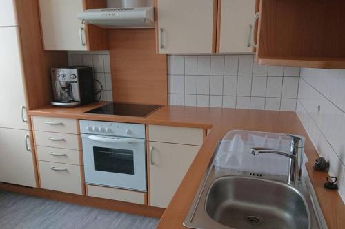 a small kitchen with a sink and a stove at Apartment Karin, Eigener Eingang, 3 Schlafzimmer, Doppelcarport in Langenwang