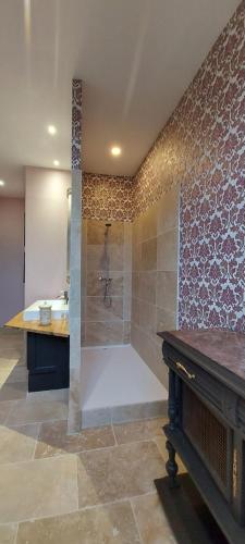 uma grande casa de banho com um chuveiro e um lavatório em Le Clos des Bories em Sarlat-la-Canéda