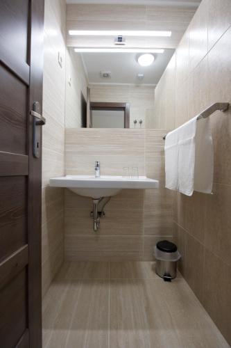 a bathroom with a sink and a mirror at Napkelte Panzió in Napkor