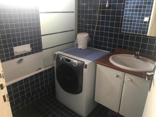 a bathroom with a sink and a washing machine at Chalet Ascou-Pailhères in Ascou