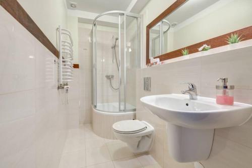 a bathroom with a sink and a toilet and a shower at Villa Baltic Chałupy Apartament nr 2 in Chałupy