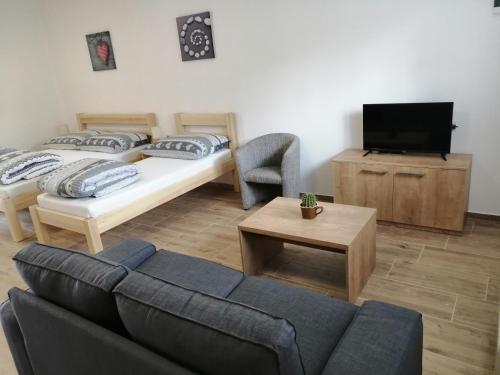 a living room with two beds and a couch at Apartmány 62 in Nový Přerov