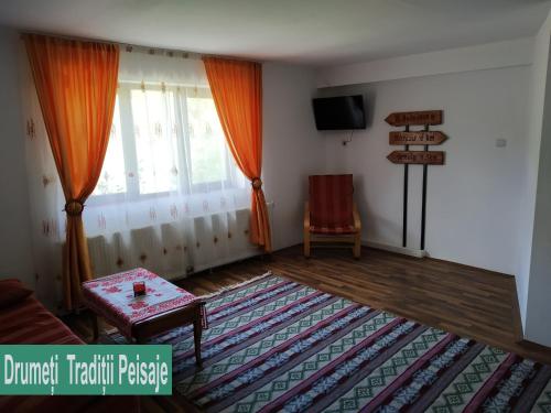 un soggiorno con tende arancioni e un tappeto di La Trovantzi a Horezu