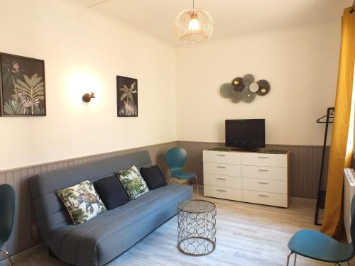 een woonkamer met een blauwe bank en een tv bij Studio Sirène à 20 m de la plage in Palavas-les-Flots