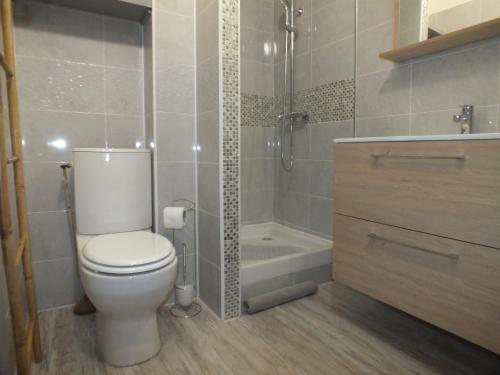 een badkamer met een toilet, een douche en een bad bij Studio Sirène à 20 m de la plage in Palavas-les-Flots