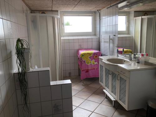 a small bathroom with a sink and a window at Hennebjerg overnatning in Stavsø