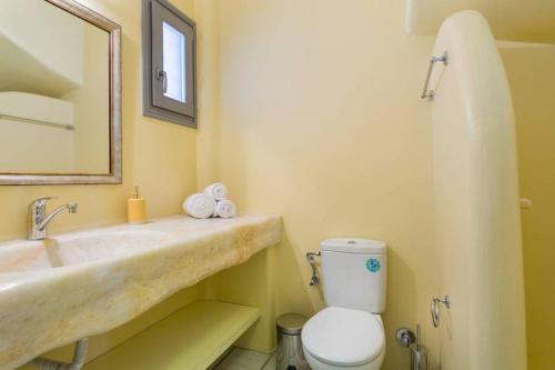 een badkamer met een wastafel, een toilet en een spiegel bij Infinity Blue in Kampos Paros