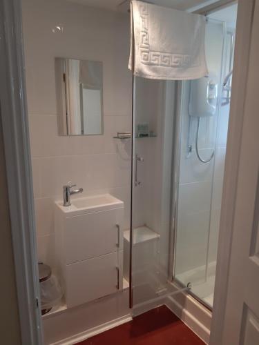 a bathroom with a shower and a sink at The Swan Hotel in Lydney