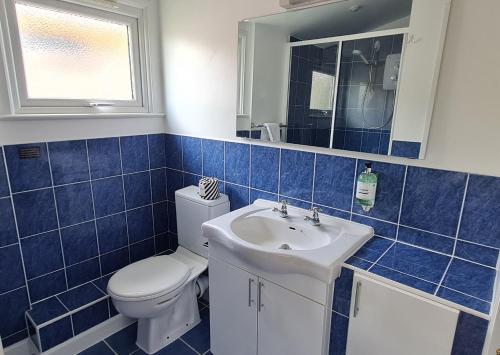 a blue tiled bathroom with a toilet and a sink at Little Oaks Chalet - St. Merryn, Padstow in Padstow