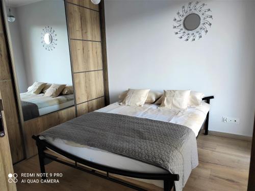 ein Schlafzimmer mit einem Bett und einem großen Spiegel in der Unterkunft MAZURSKA DAMA LUXURY APARTAMENT in Giżycko
