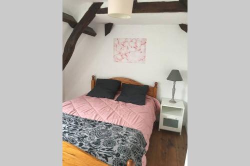- une chambre avec un lit et une couette rose dans l'établissement Maison de ville dans une citée médiévale, à Gourdon