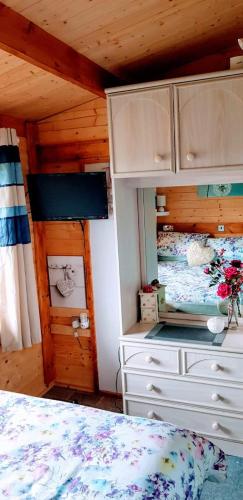 a bedroom with a bed and a dresser at Enlli Fach cabin sleep's 2 adults and 2 children 2 dogs welcome not suitable for contract workers due to parking height restrictions in Borth