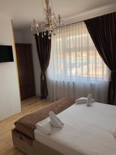a bedroom with two beds and a chandelier at MANEA ORSOVA Faleza Dunarii in Orşova