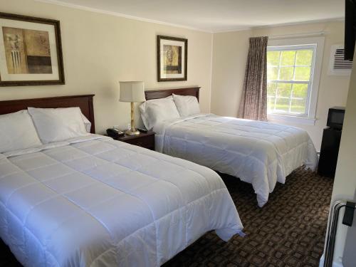 Habitación de hotel con 2 camas y ventana en Villager Motel en Williamstown