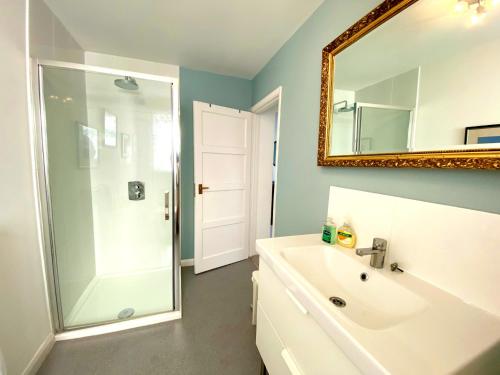 a bathroom with a shower and a sink and a mirror at Braeside Luxury Holiday Home in Torquay