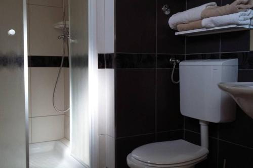 ein Bad mit einem WC, einem Waschbecken und Handtüchern in der Unterkunft Flowers house on the island in Žman