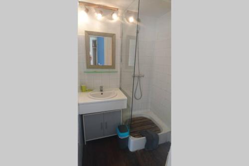 une salle de bain avec un lavabo, un miroir et une douche dans l'établissement Appartement avec terrasse bodega, à Canet