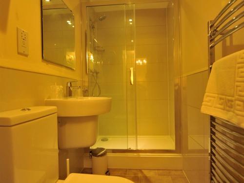 a bathroom with a shower and a toilet and a sink at Gail's Guest House in Barry