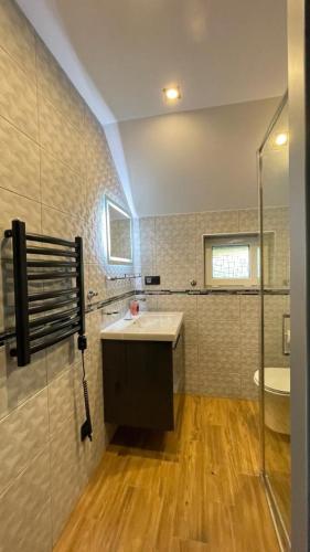 a bathroom with a sink and a shower and a toilet at Pokoje, apartament NA WYSPIE in Gdańsk
