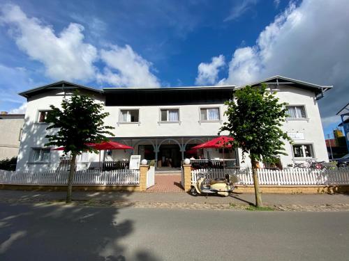 a white building with two trees in front of it at Hotel Altes Kurhaus in Baabe
