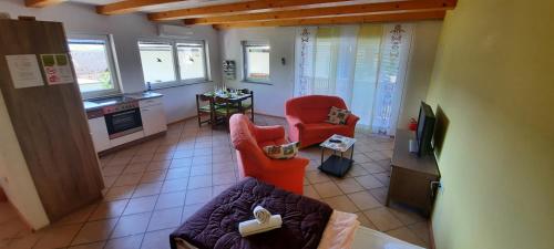 a living room with two red chairs and a tv at Apartment Murka in Begunje na Gorenjskem
