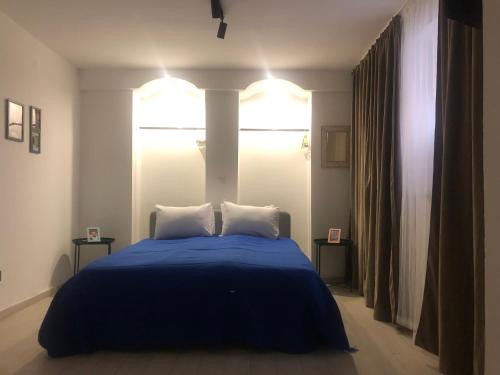 um quarto com uma cama azul e 2 almofadas em City Centre One em Skopje