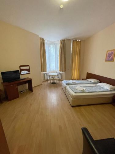 a bedroom with a bed and a desk and a television at Persey Flora Apartments in Borovets
