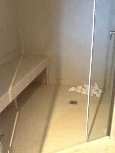 a corner of a bathroom with a shower with towels at PyleanBlue villas in Pylos